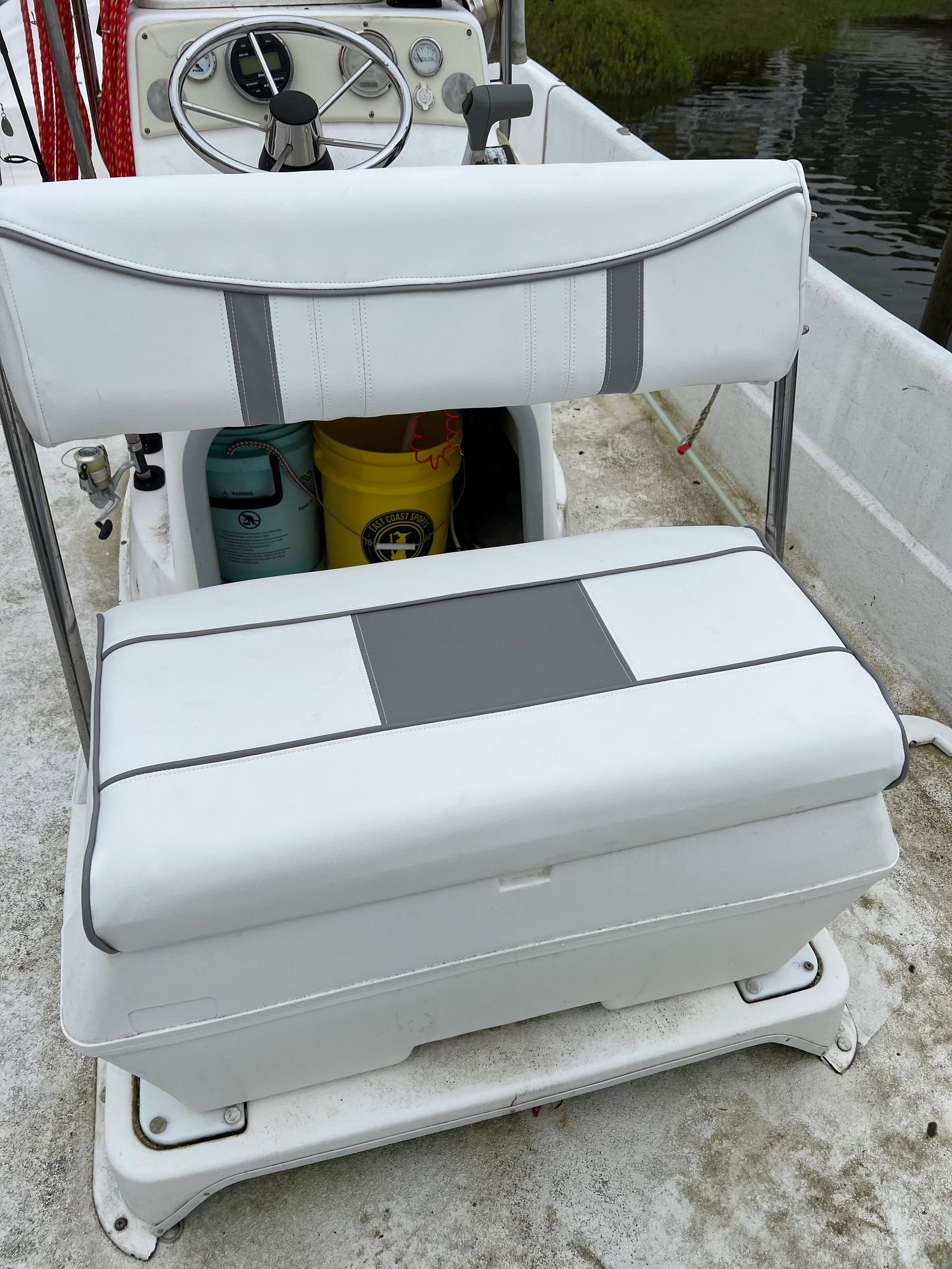 Cooler seat cushion with a swinging back rest